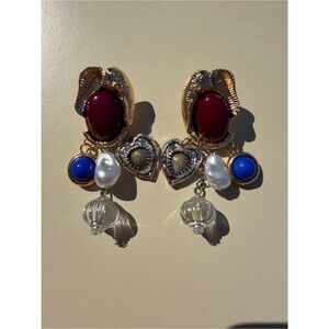 Zara Gold-Tone Earrings with Red Cabochons, Blue Accents and Pearl Drops